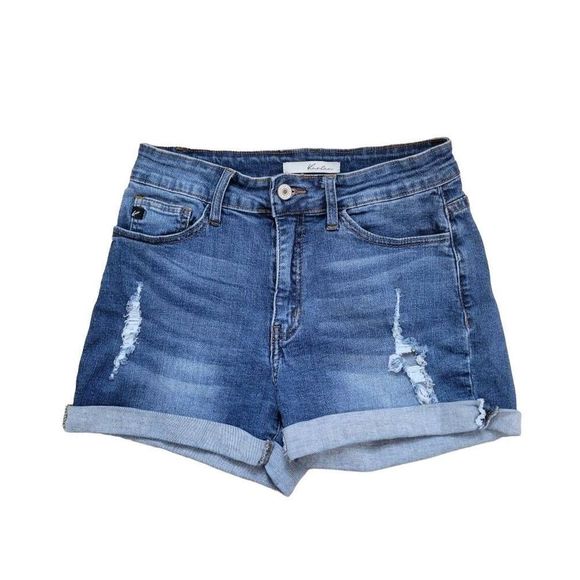 KanCan Pants - Kancan Denim Shorts Size 7/27 Distressed High Waist Stretchy Cuffed Medium Wash